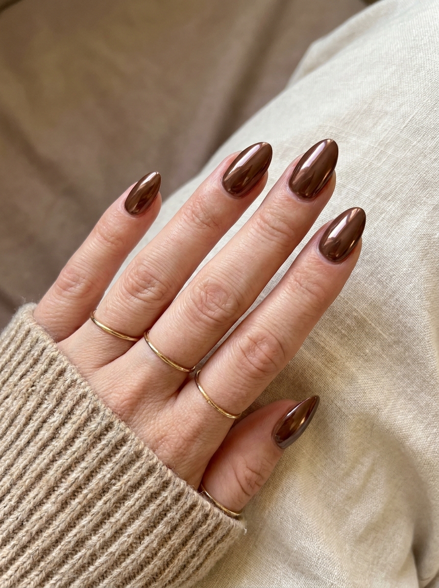 Chocolate Brown Chrome Nails mit warmem Herbstschimmer
